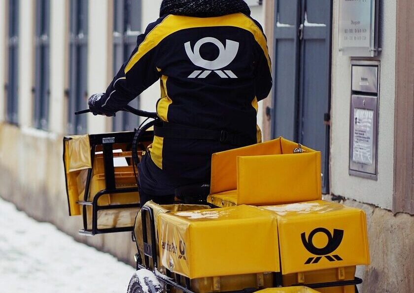 bicycle, delivery, snow, winter, bike, mail, letters, logistics, shipping, parcel shipping, package delivery, parcel delivery, parcel service, transport, dhl bike, german post, vehicle, road, nature, street